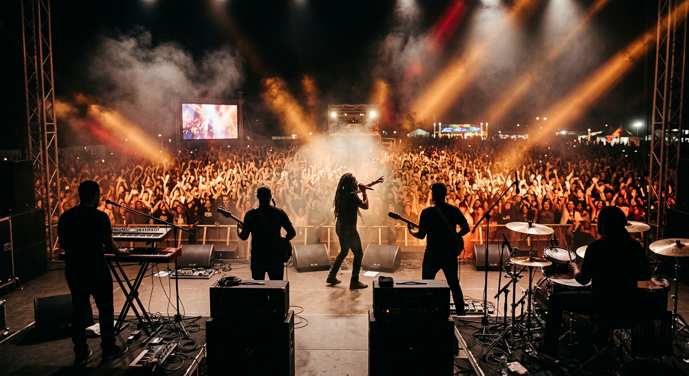 Multidão em concerto de reggae gospel com luzes douradas