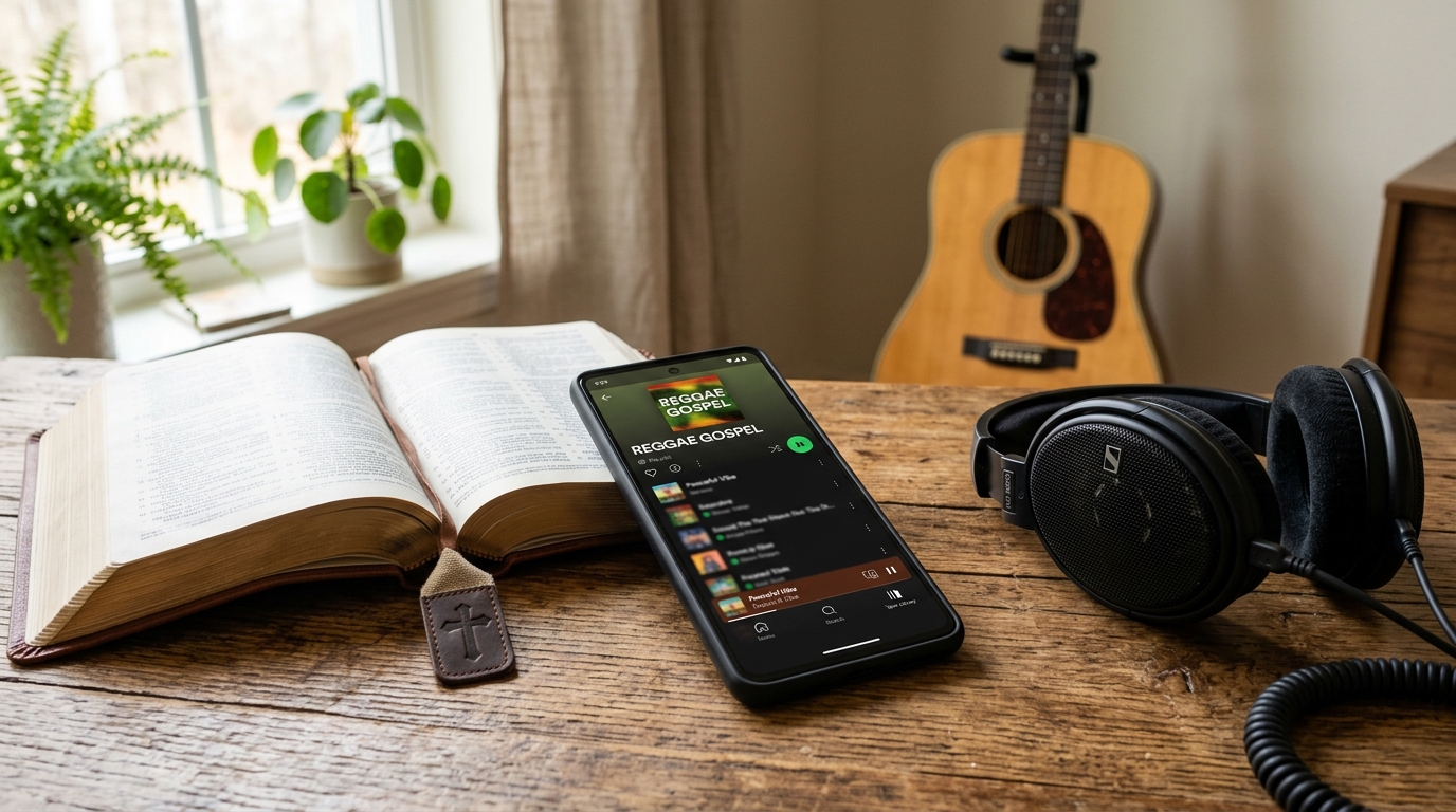 App de streaming tocando reggae gospel com Bíblia ao lado