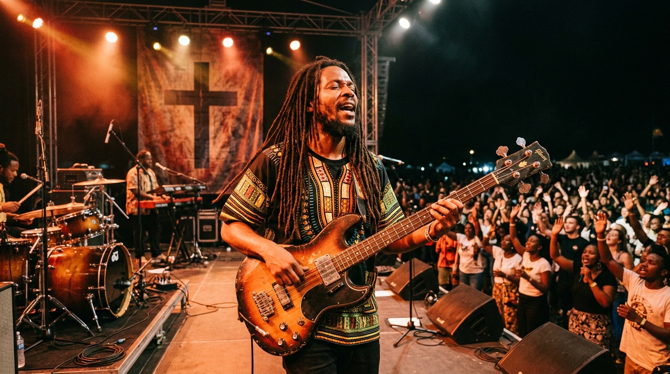Concerto de reggae gospel internacional com palco iluminado