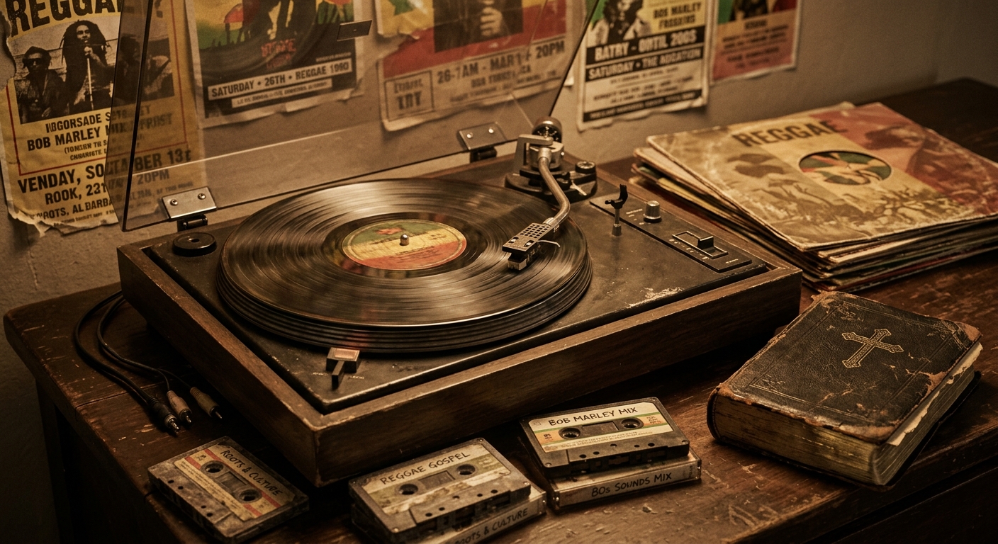 Toca-discos vintage com vinil reggae, cassetes K7 e Bíblia antiga - clássicos do reggae gospel